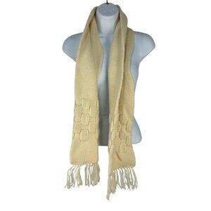 Cream Knitted Scarf With Fringe Details & Textured Pattern